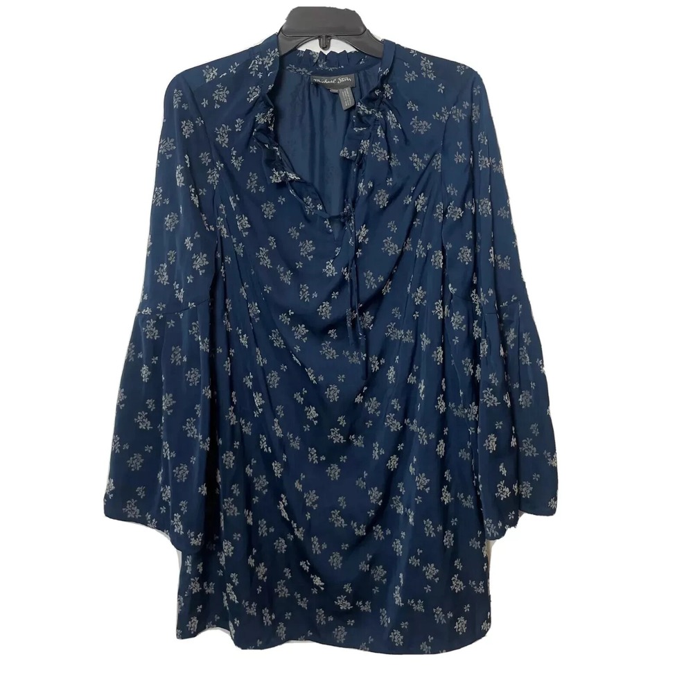 Michael Stars Anthro Long Sleeve Floral Mini Dress S Navy Blue Tie Neck Flutter